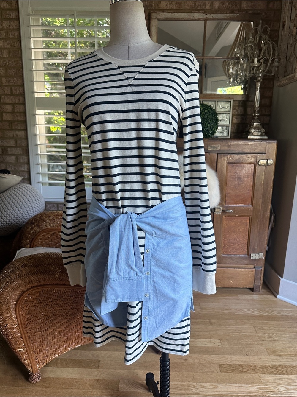 VERONICA BEARD JEANS Laszlo Long Sleeve Striped Crew Neck Dress Tie Waist SMALL